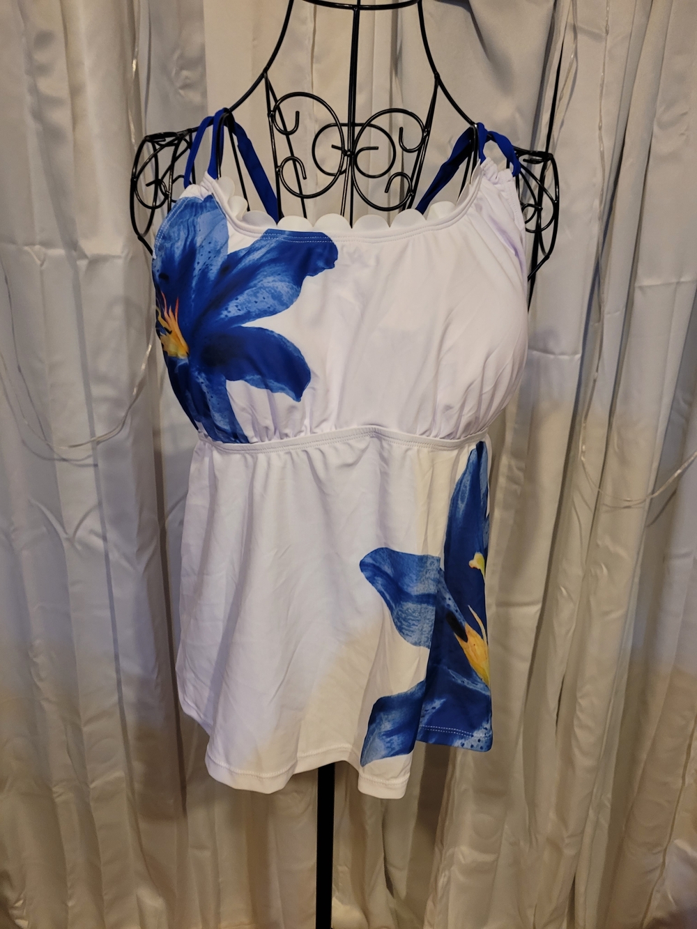 Amazon White Tankini Top with Blue Floral Print